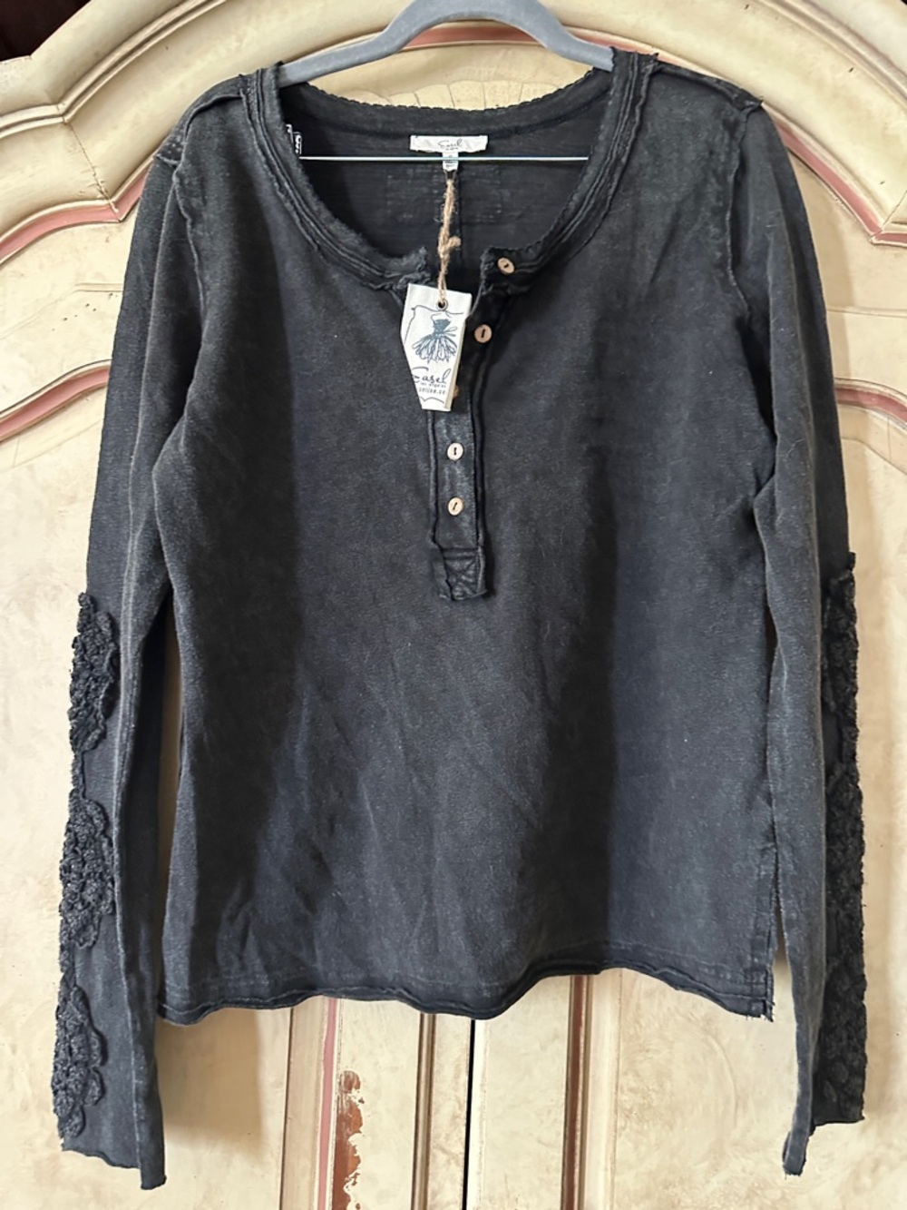 New With Tags easel Black Long Sleeve Henley with Lace Elbow Panels